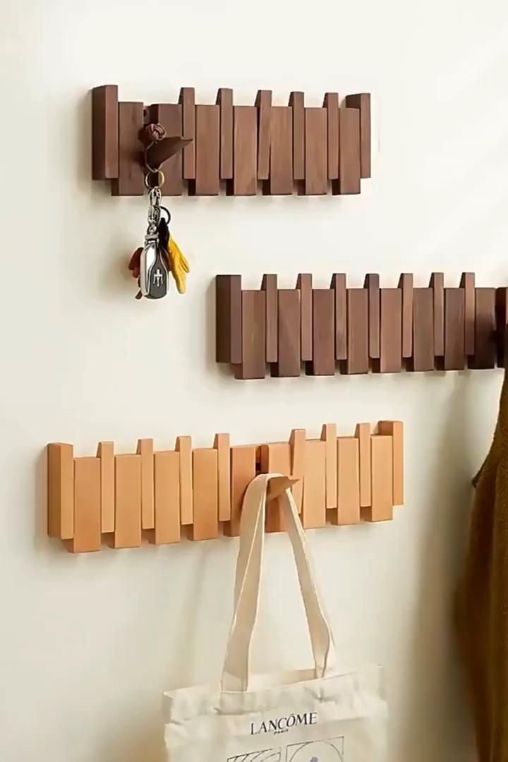 Wooden Coat Rack Wall Mounted Sticks Multi Rack Solid Handmade Natural Wood Artwork with 5 Flip-Down Unique Modern Hooks for Coats Bag Hat Umbrella