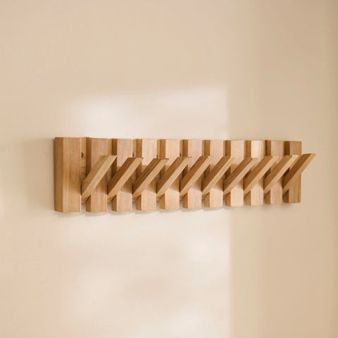 Wooden Coat Rack Wall Mounted Sticks Multi Rack Solid Handmade Natural Wood Artwork with 5 Flip-Down Unique Modern Hooks for Coats Bag Hat Umbrella