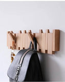 Wooden Coat Rack Wall Mounted Sticks Multi Rack Solid Handmade Natural Wood Artwork with 5 Flip-Down Unique Modern Hooks for Coats Bag Hat Umbrella